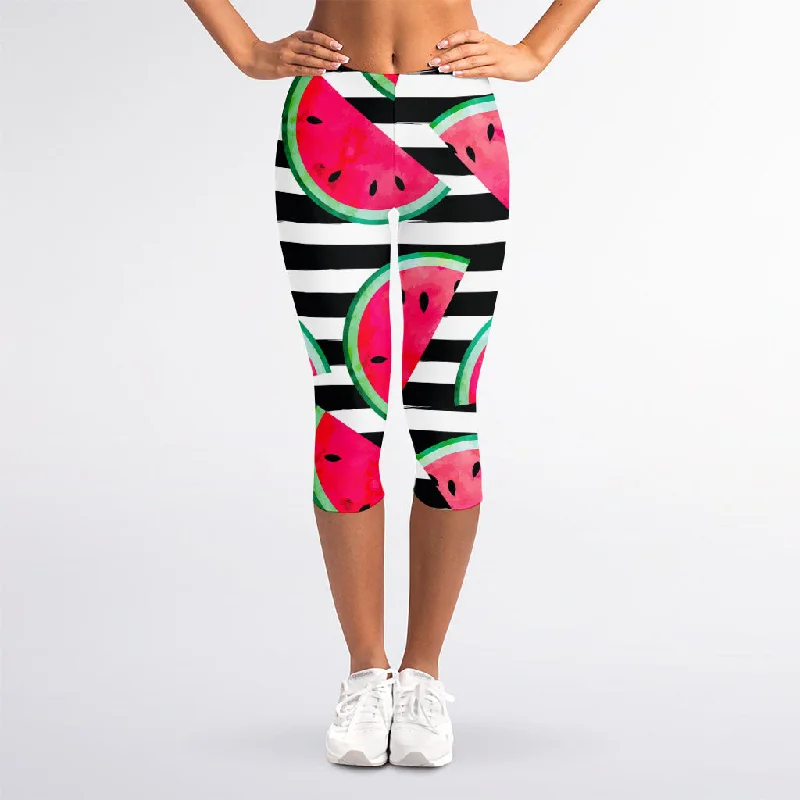 Black Striped Watermelon Pattern Print Women's Capri Leggings