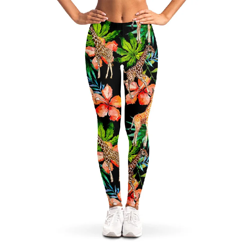 Black Tropical Giraffe Pattern Print Women's Leggings