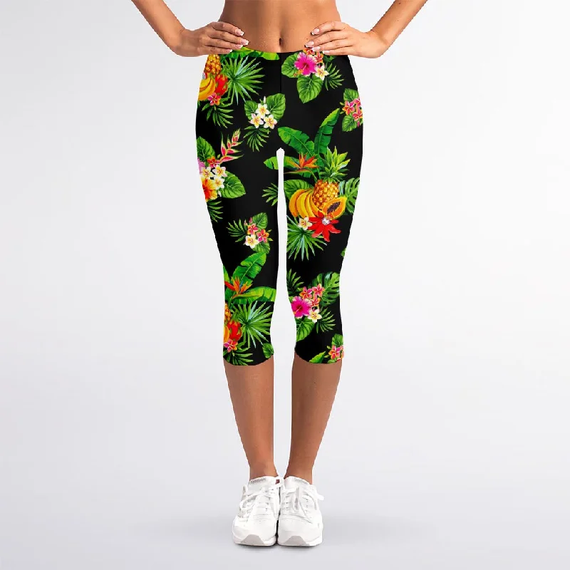 Black Tropical Hawaiian Pattern Print Women's Capri Leggings