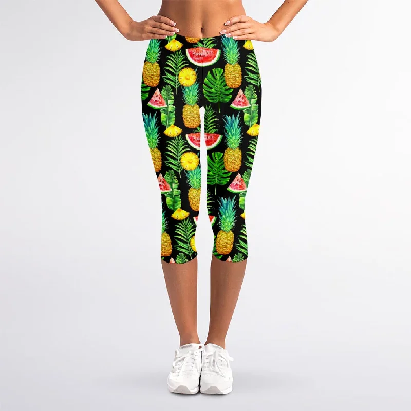 Black Tropical Pineapple Pattern Print Women's Capri Leggings