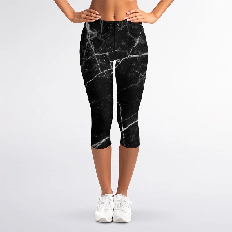 Black White Grunge Marble Print Women's Capri Leggings