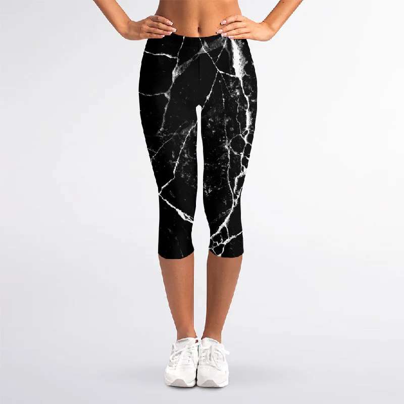 Black White Natural Marble Print Women's Capri Leggings