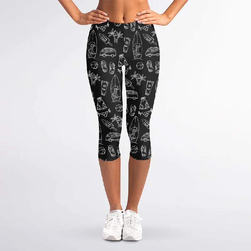 Black White Surfing Pattern Print Women's Capri Leggings