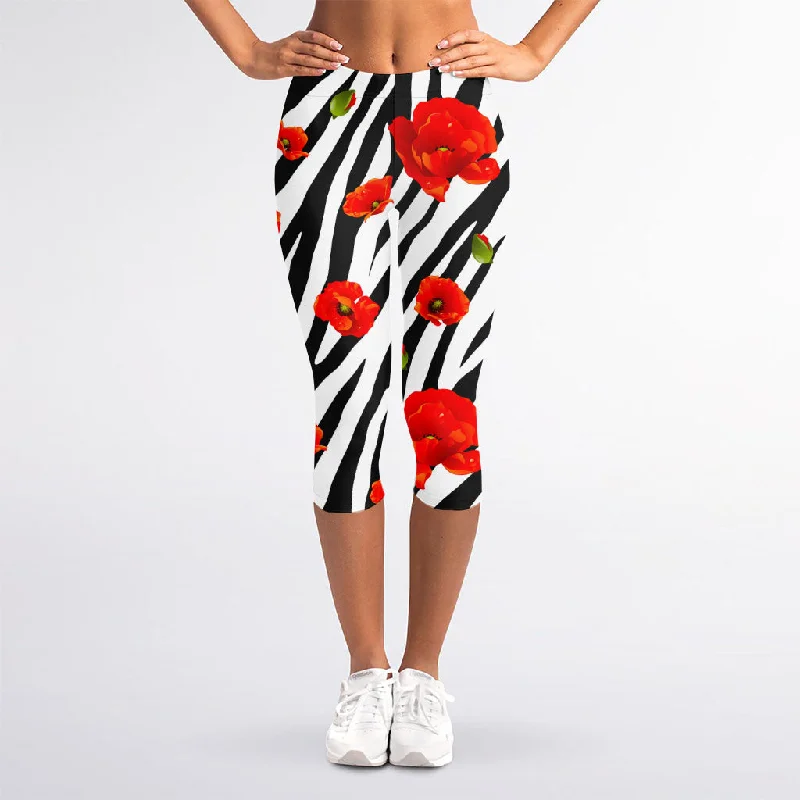 Black White Zebra Flower Pattern Print Women's Capri Leggings