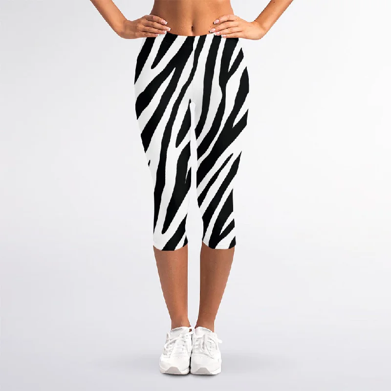 Black White Zebra Pattern Print Women's Capri Leggings