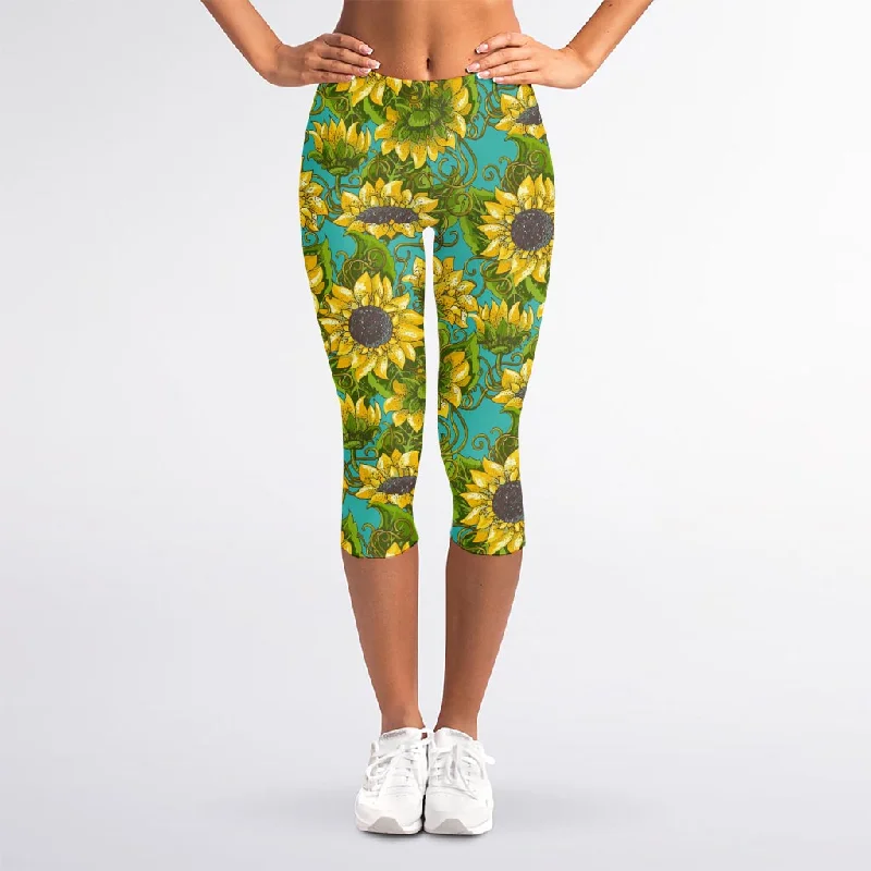 Blooming Sunflower Pattern Print Women's Capri Leggings