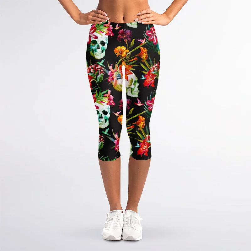 Blossom Flowers Skull Pattern Print Women's Capri Leggings