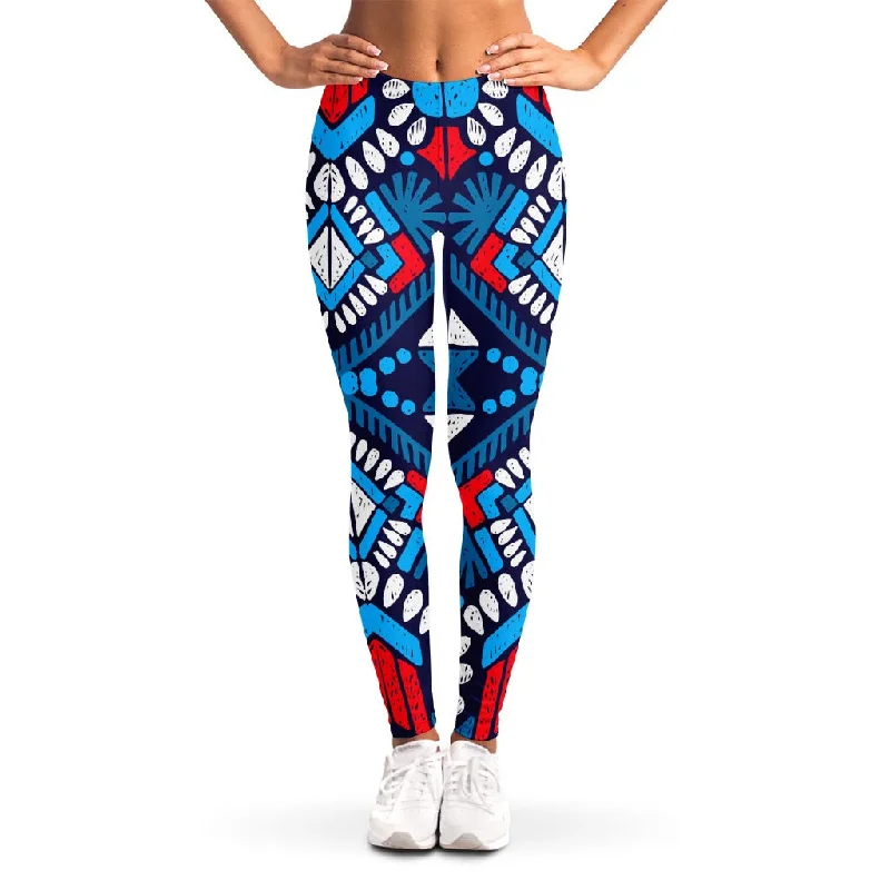 Blue And Red Aztec Pattern Print Women's Leggings