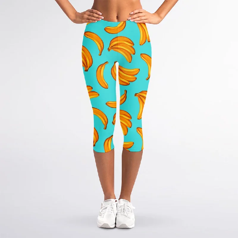 Blue Banana Pattern Print Women's Capri Leggings