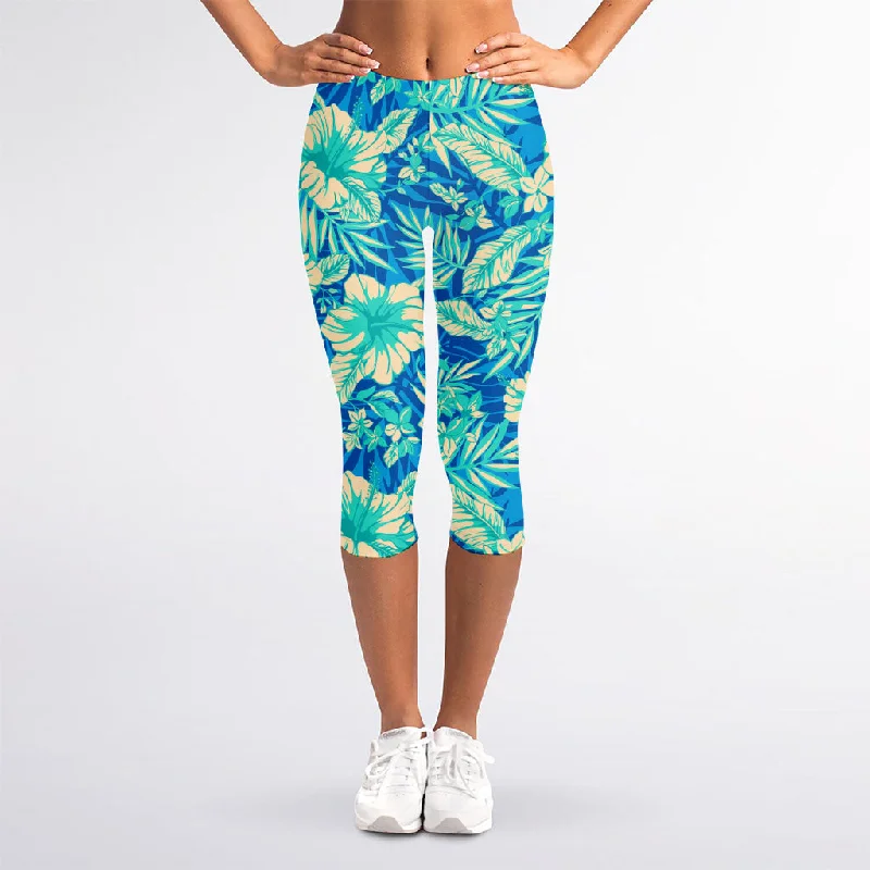 Blue Blossom Tropical Pattern Print Women's Capri Leggings