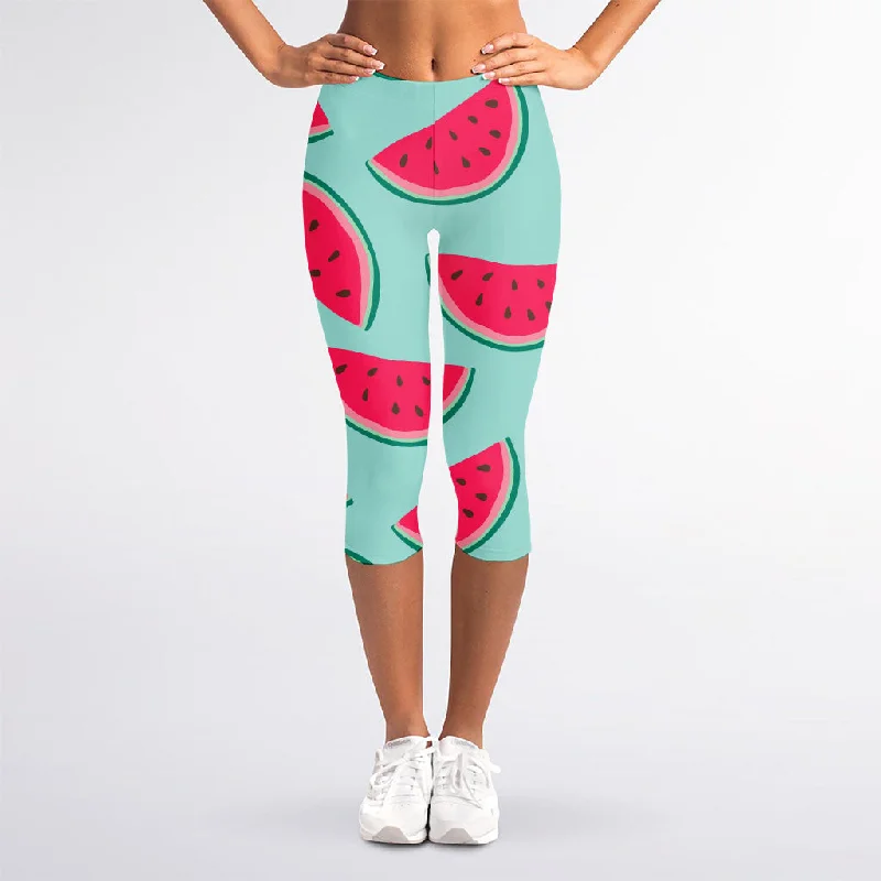 Blue Cute Watermelon Pattern Print Women's Capri Leggings