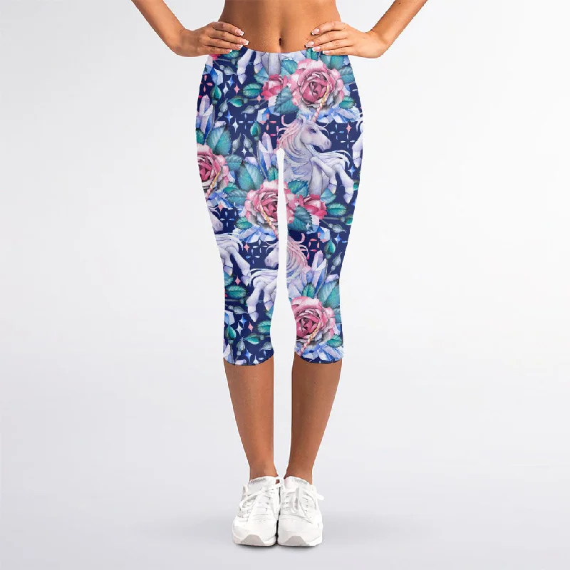 Blue Fairy Rose Unicorn Pattern Print Women's Capri Leggings