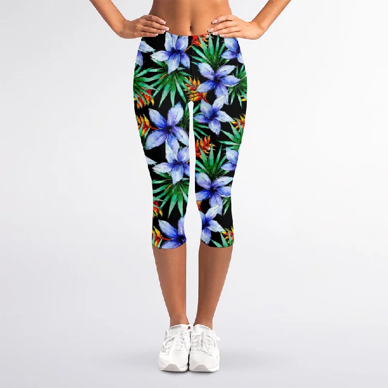 Blue Hawaiian Wildflowers Pattern Print Women's Capri Leggings