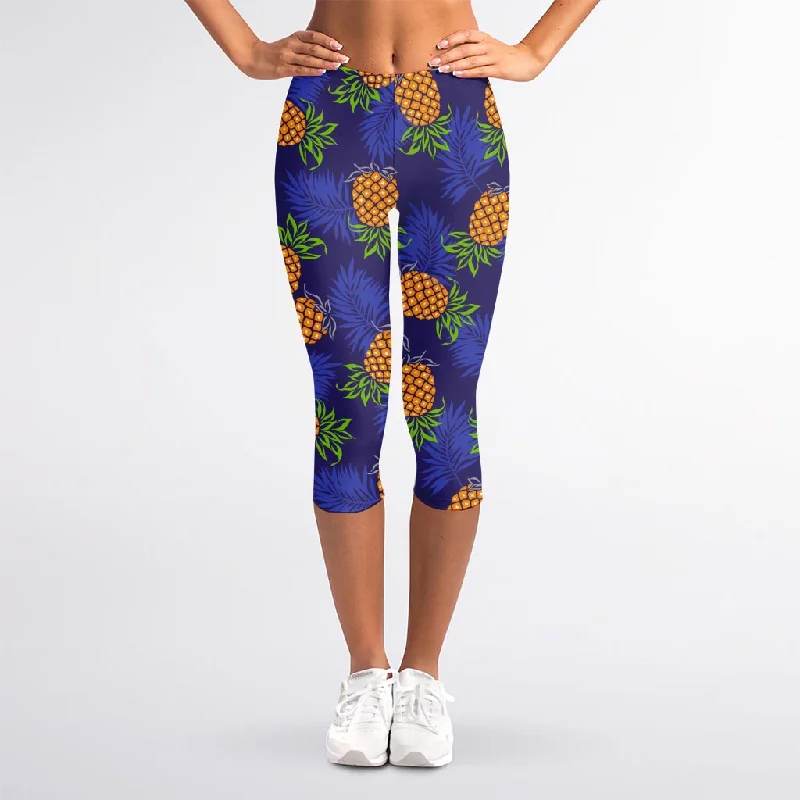 Blue Leaf Pineapple Pattern Print Women's Capri Leggings