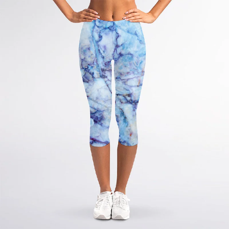 Blue Marble Print Women's Capri Leggings