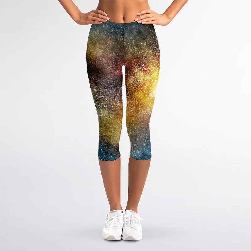 Blue Orange Stardust Galaxy Space Print Women's Capri Leggings