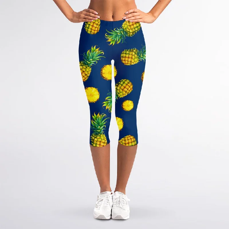 Blue Pineapple Pattern Print Women's Capri Leggings