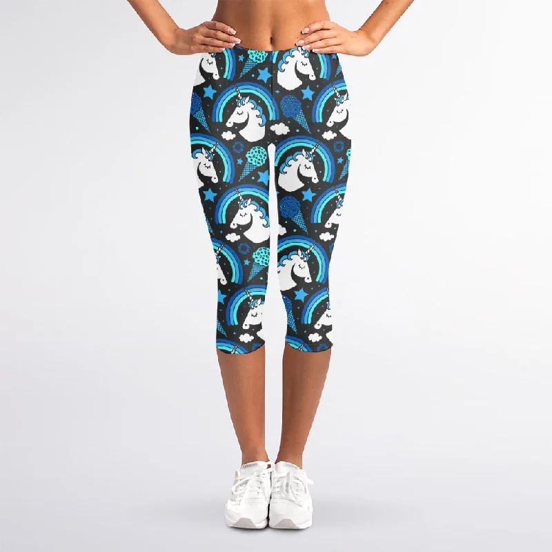 Blue Rainbow Unicorn Pattern Print Women's Capri Leggings