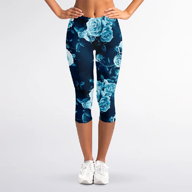 Blue Rose Floral Flower Pattern Print Women's Capri Leggings