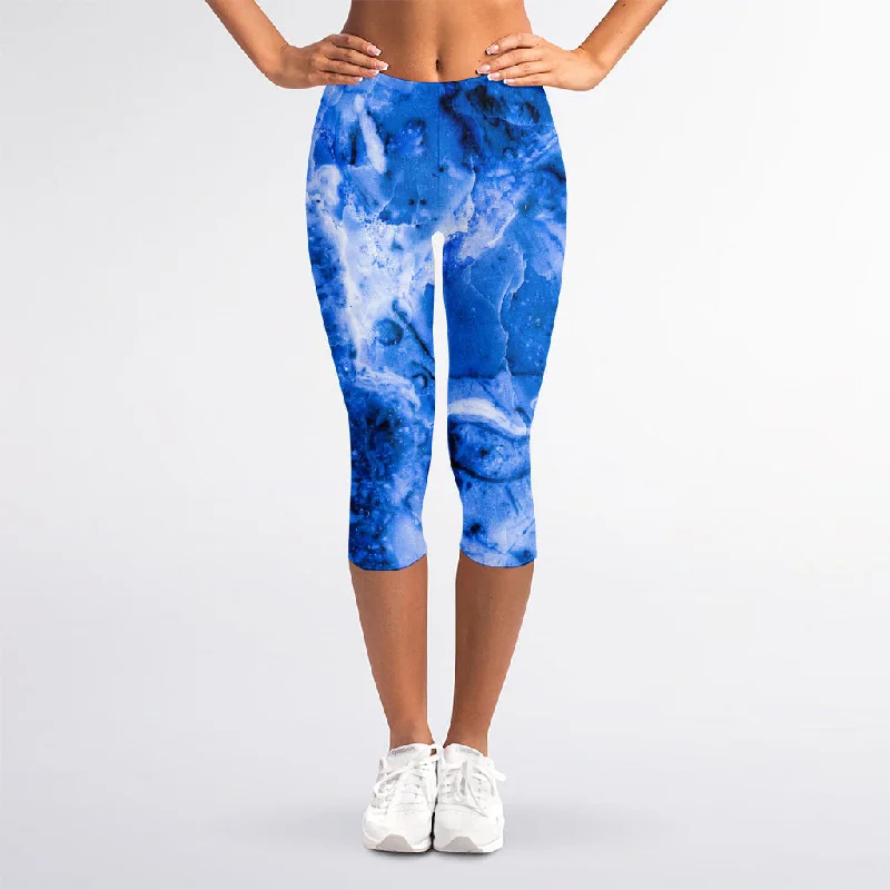 Blue Sapphire Marble Print Women's Capri Leggings