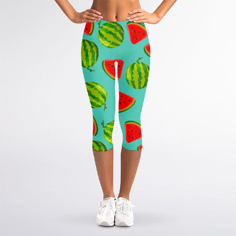 Blue Summer Watermelon Pattern Print Women's Capri Leggings