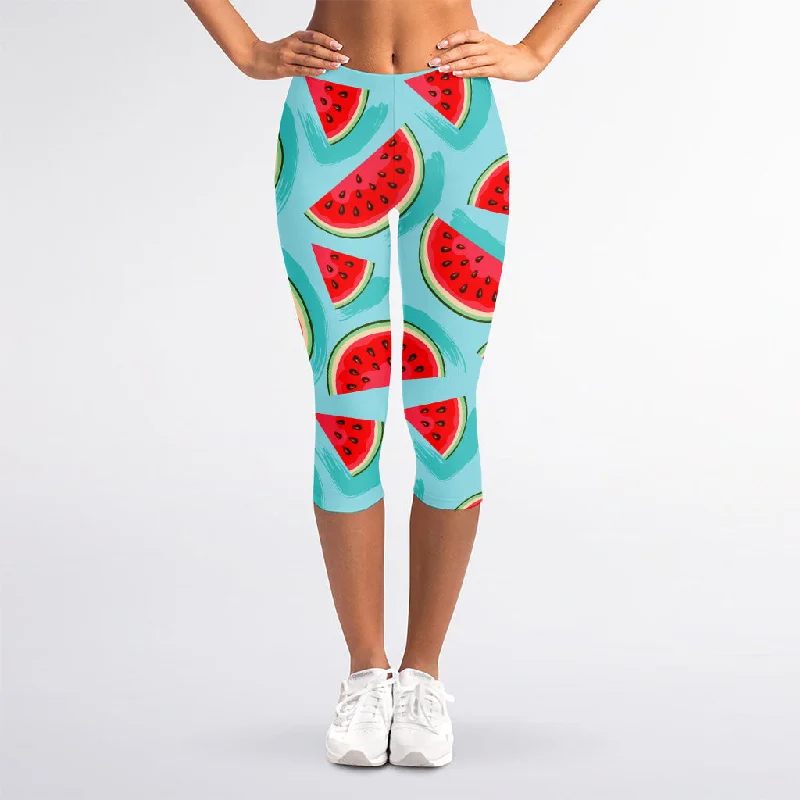 Blue Watermelon Pieces Pattern Print Women's Capri Leggings