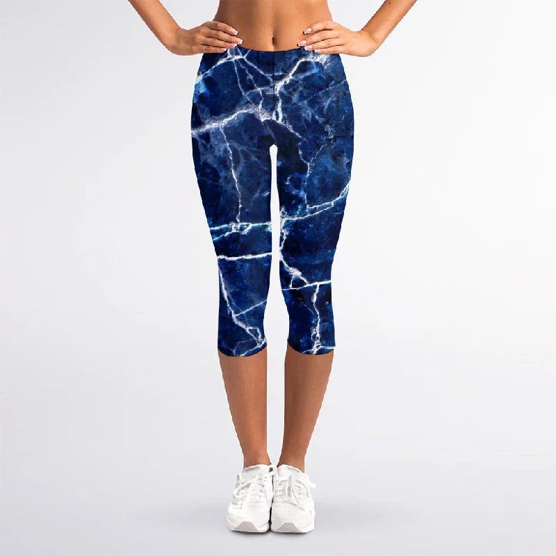 Blue White Marble Print Women's Capri Leggings