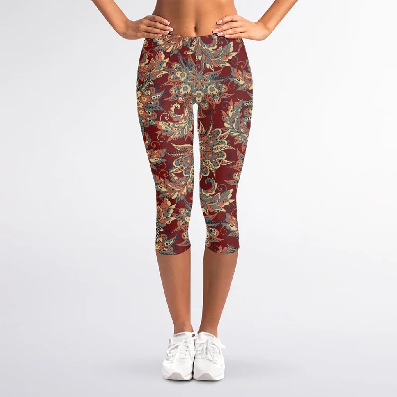 Brick Floral Bohemian Pattern Print Women's Capri Leggings