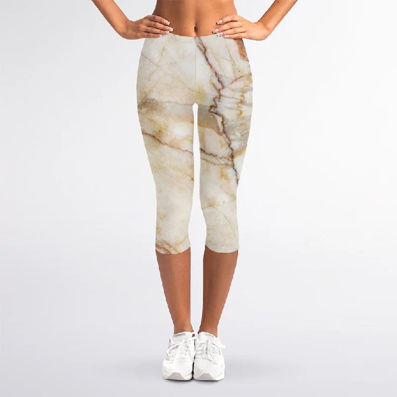 Brown Marble Print Women's Capri Leggings