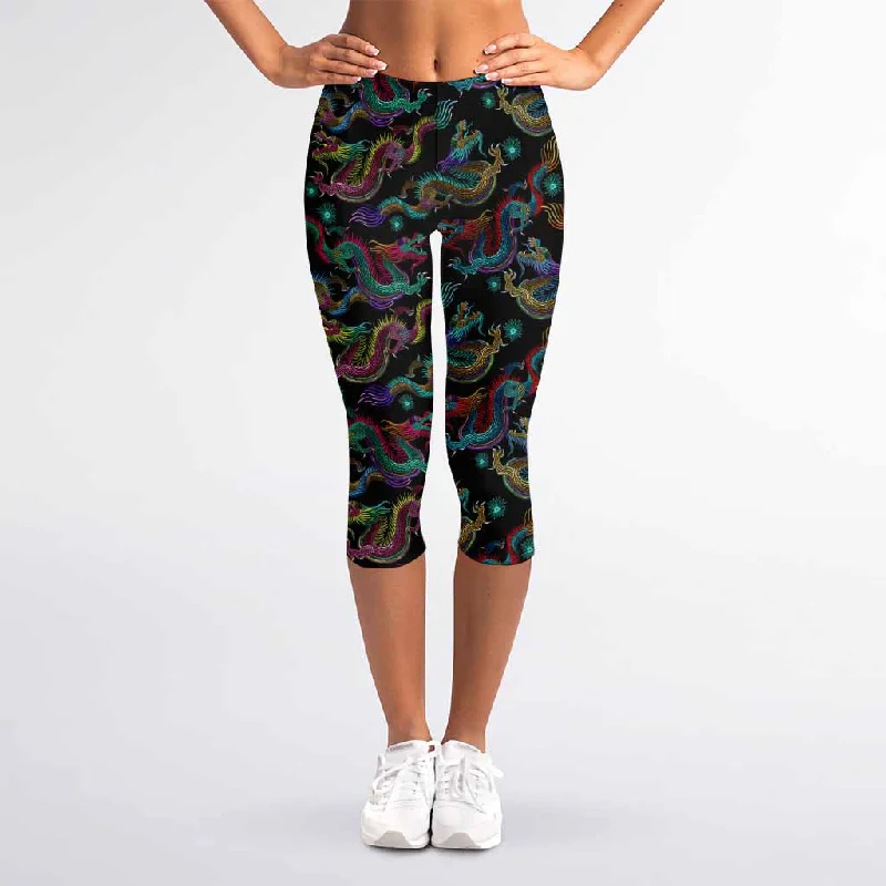 Chinese Dragon Pattern Print Women's Capri Leggings