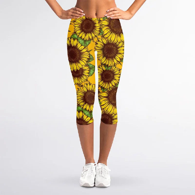 Classic Vintage Sunflower Pattern Print Women's Capri Leggings