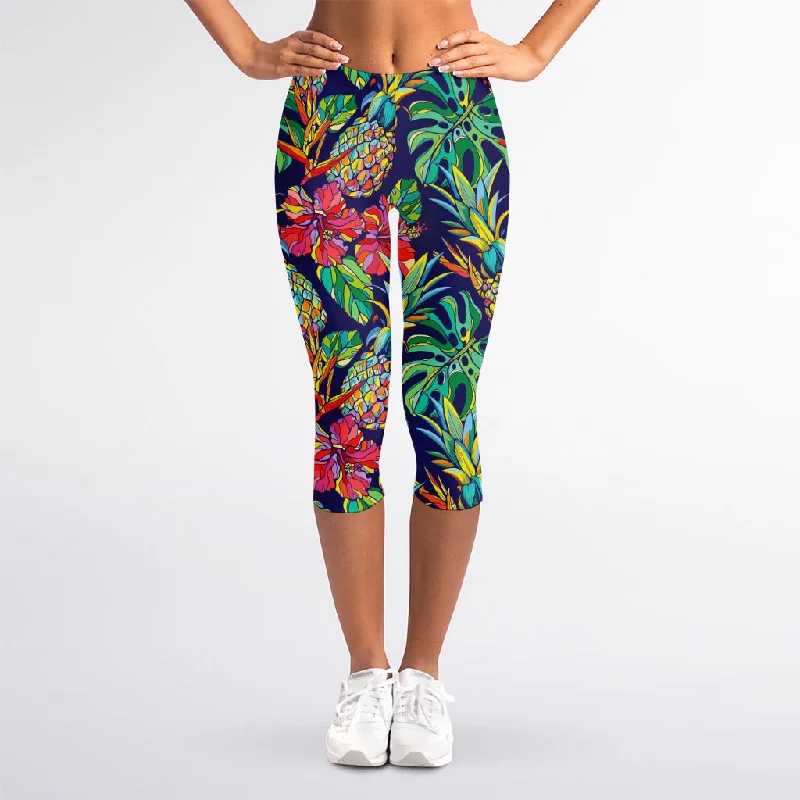 Colorful Aloha Pineapple Pattern Print Women's Capri Leggings