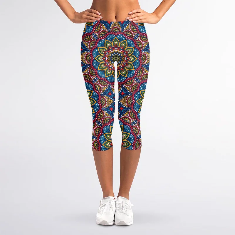 Colorful Bohemian Mandala Pattern Print Women's Capri Leggings