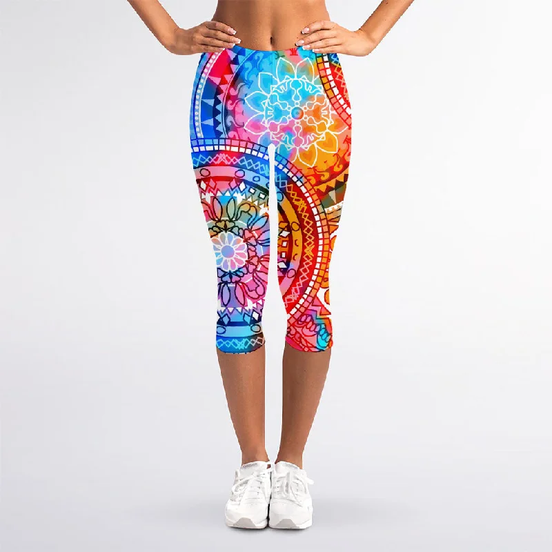 Colorful Circle Mandala Print Women's Capri Leggings