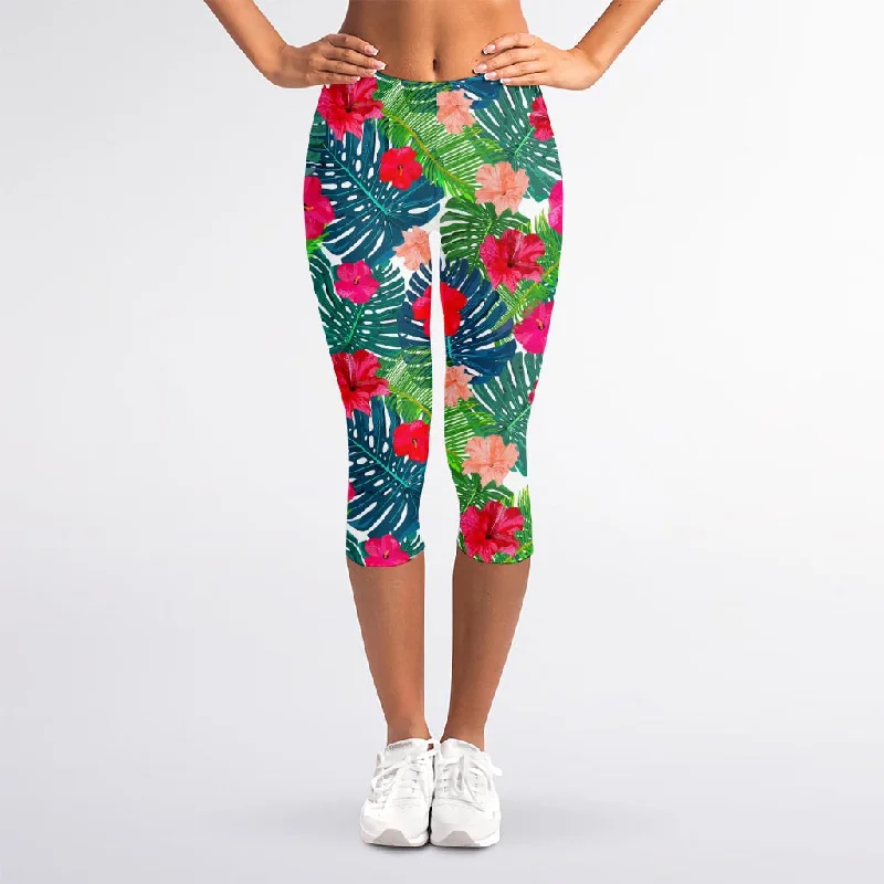 Colorful Hawaii Floral Pattern Print Women's Capri Leggings