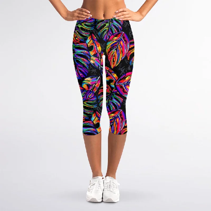 Colorful Leaf Tropical Pattern Print Women's Capri Leggings