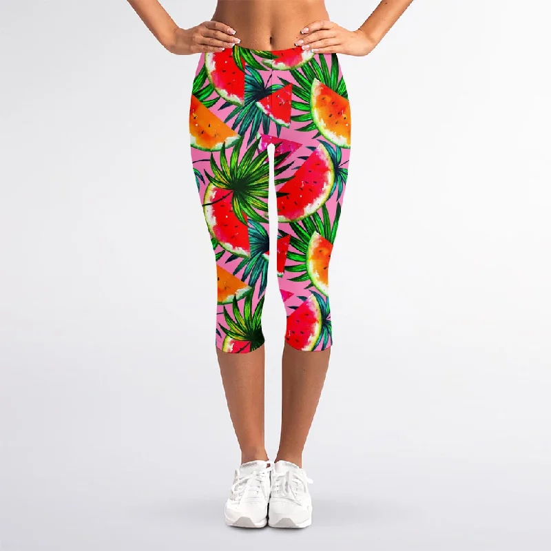 Colorful Leaf Watermelon Pattern Print Women's Capri Leggings