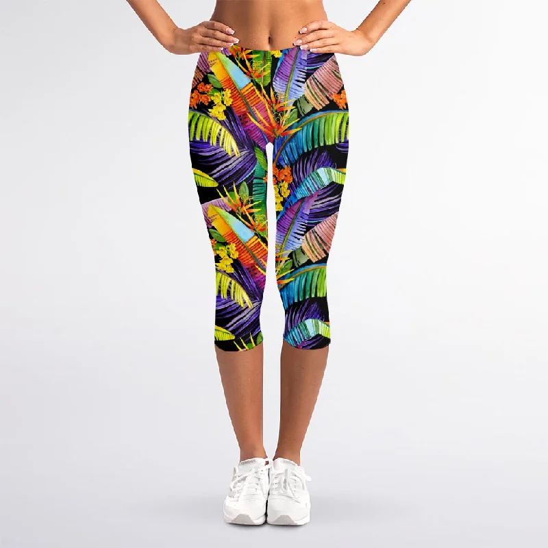 Colorful Leaves Tropical Pattern Print Women's Capri Leggings