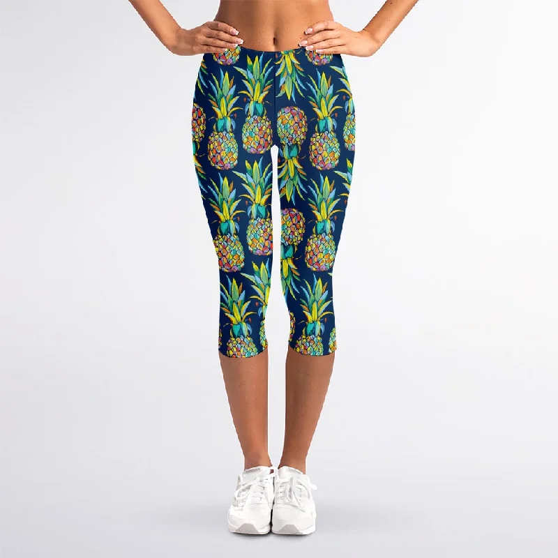 Colorful Pineapple Pattern Print Women's Capri Leggings