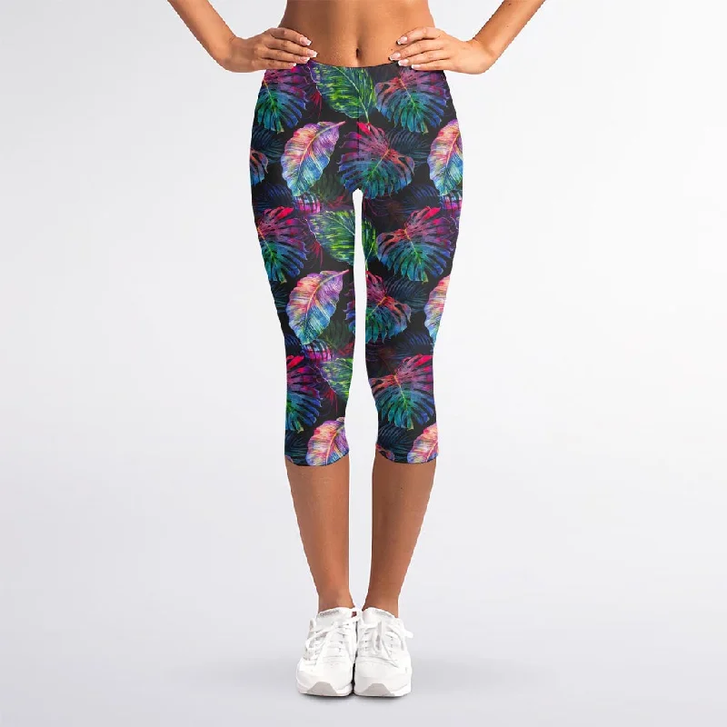 Colorful Tropical Leaves Pattern Print Women's Capri Leggings