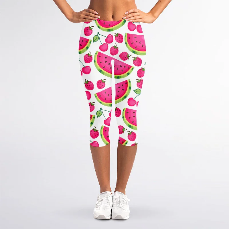 Cute Berry Watermelon Pattern Print Women's Capri Leggings