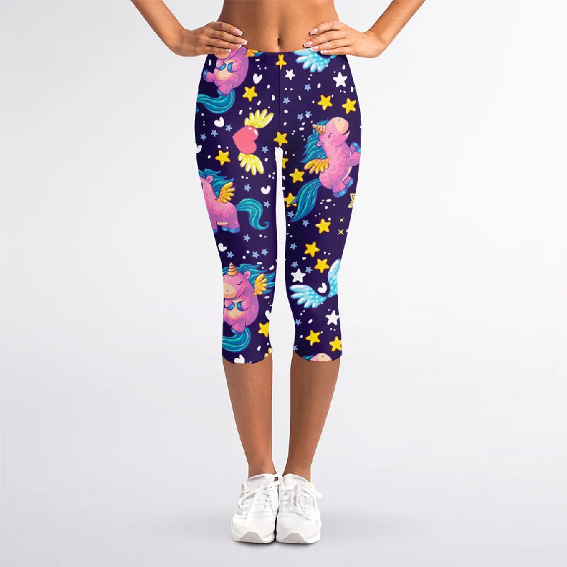 Cute Night Star Unicorn Pattern Print Women's Capri Leggings