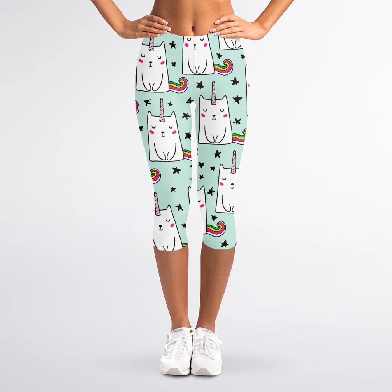 Cute Unicorn Cat Pattern Print Women's Capri Leggings