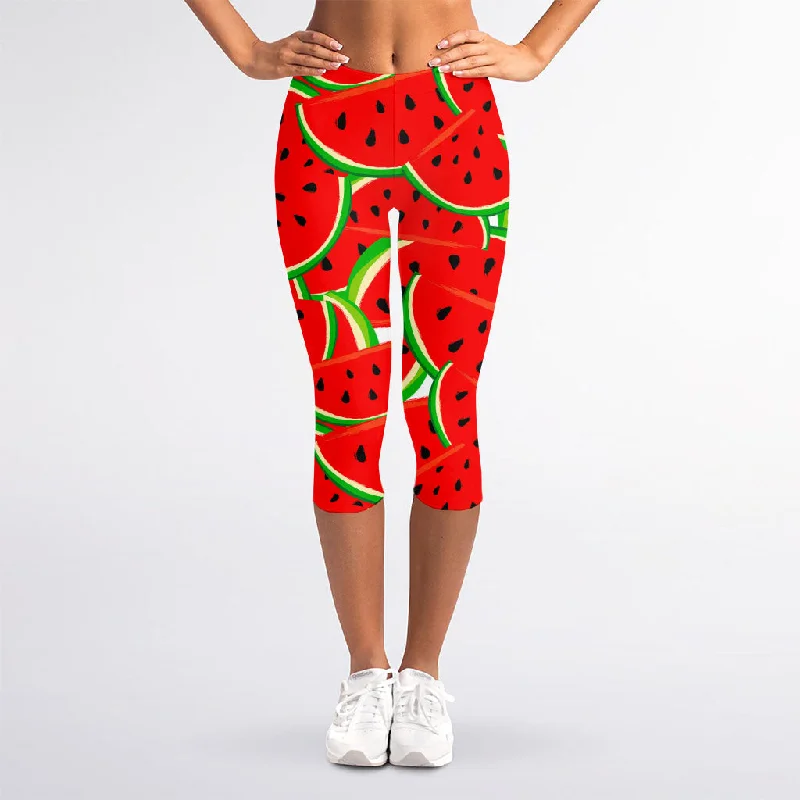 Cute Watermelon Pieces Pattern Print Women's Capri Leggings