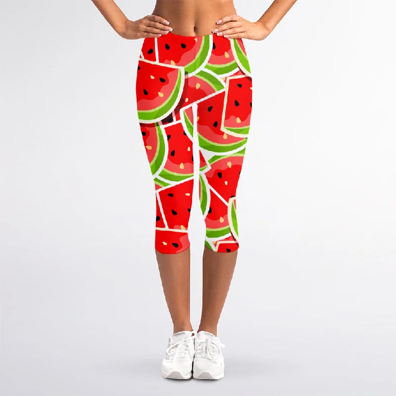 Cute Watermelon Slices Pattern Print Women's Capri Leggings