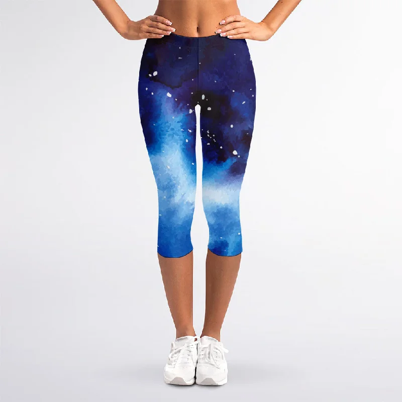 Dark Blue Galaxy Space Print Women's Capri Leggings