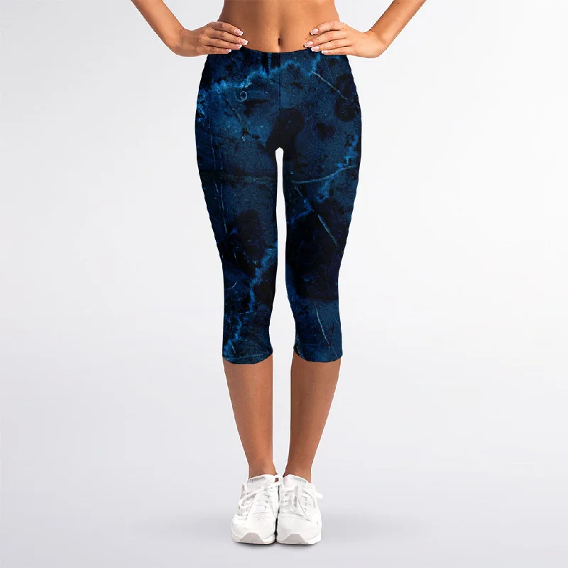 Dark Blue Marble Print Women's Capri Leggings