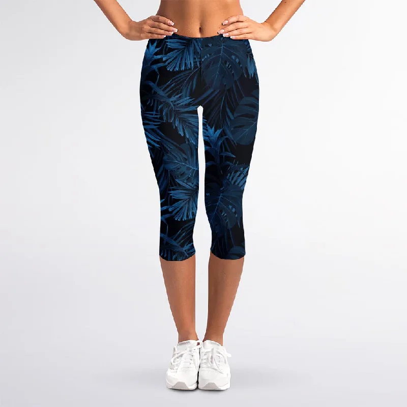 Dark Blue Tropical Leaf Pattern Print Women's Capri Leggings