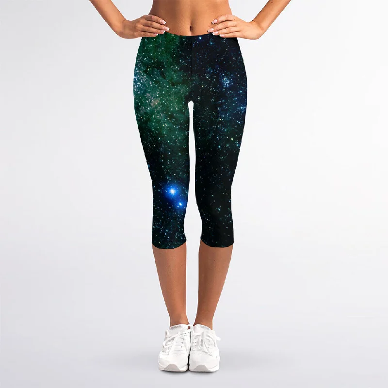 Dark Green Galaxy Space Print Women's Capri Leggings