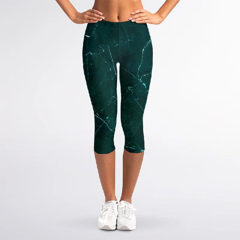 Dark Green Marble Print Women's Capri Leggings